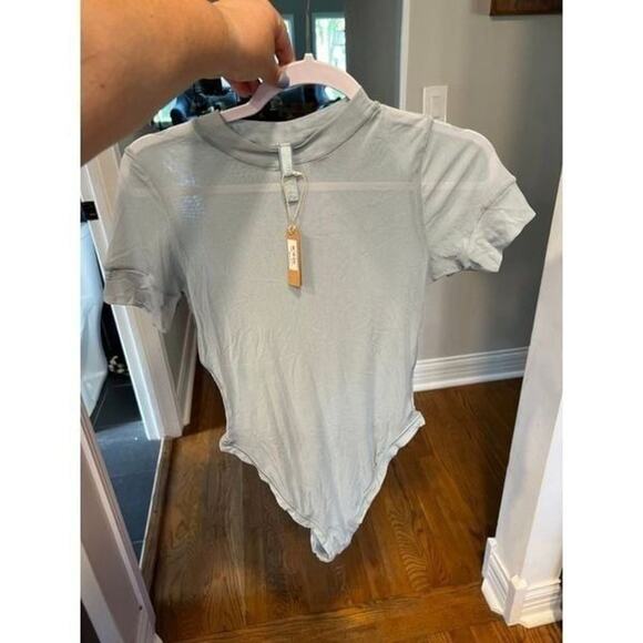 Skims Summer Sheer Mesh Bodysuit size 2X Sky Blue Mock Neck Thong NWT - Picture 1 of 3